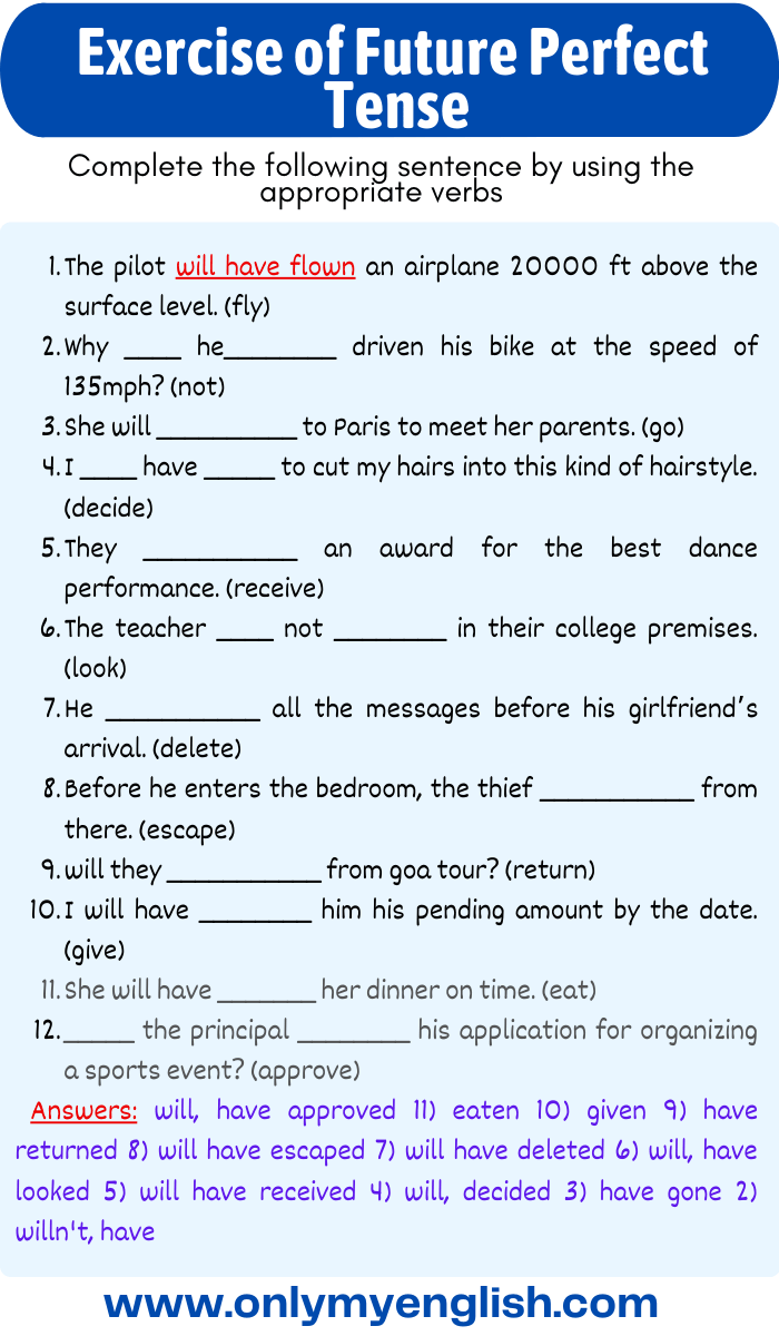 Worksheet On Future Perfect Tense With Answers