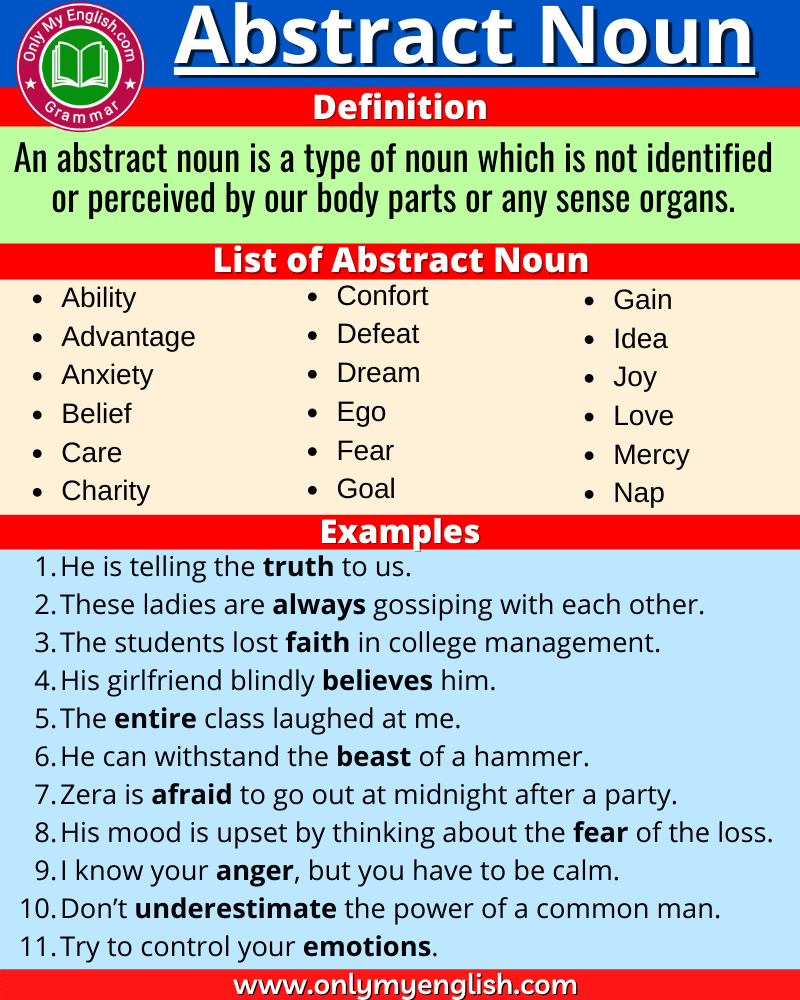 abstract noun definition examples list