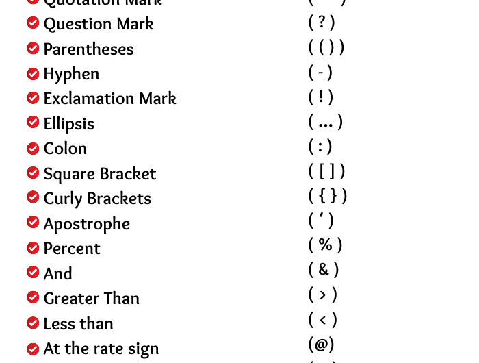 50 List of Symbol Name in English