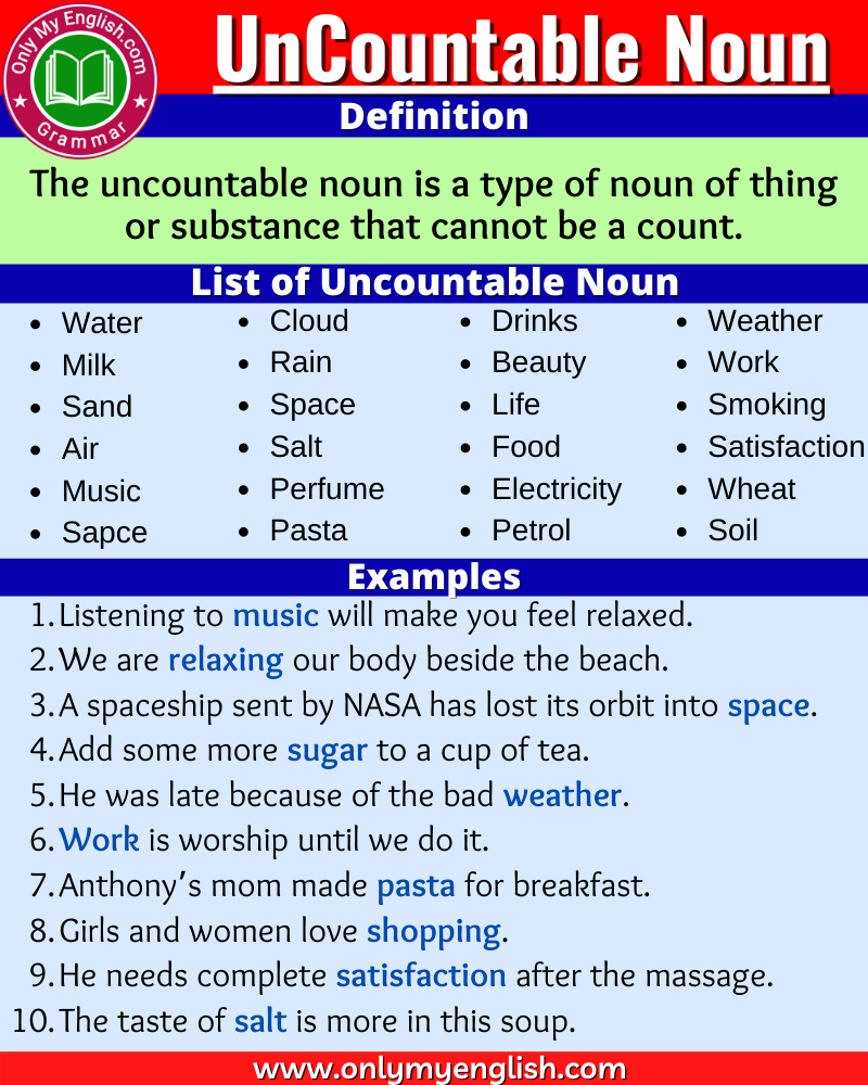 uncountable noun definition example list