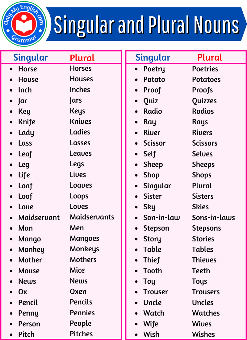 A Huge List Of Singular And Plural Nouns Words » Onlymyenglish.com