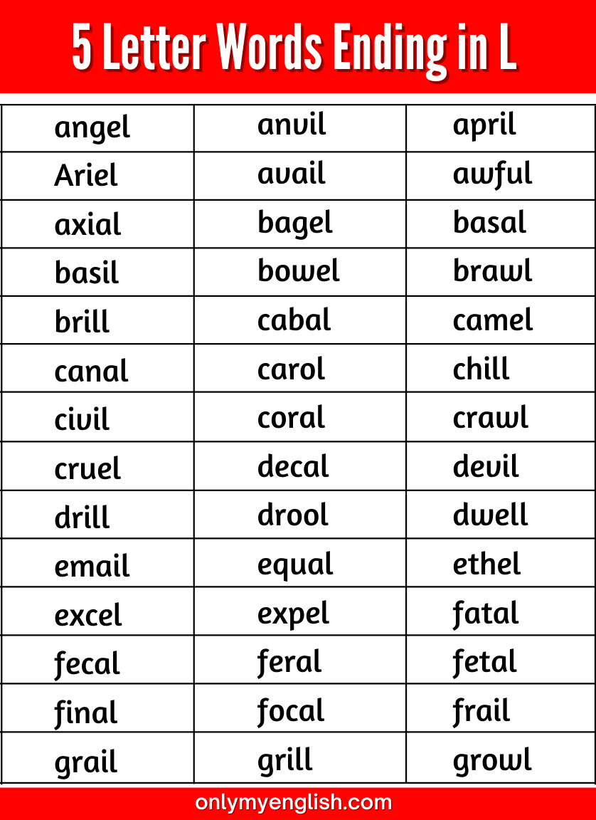 5 Letter Words Ending In L Onlymyenglish