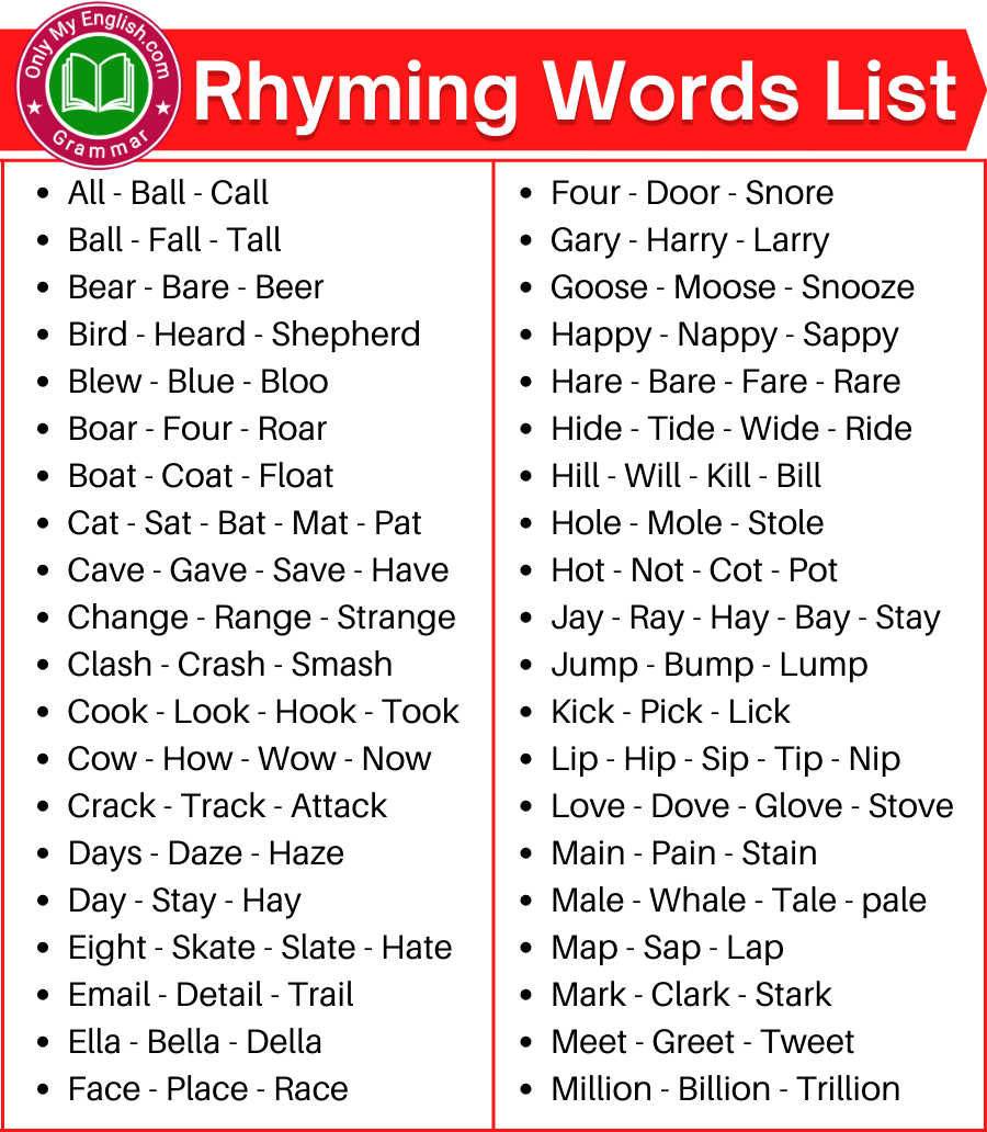 50 Rhyming Words List - Letter Words Unleashed