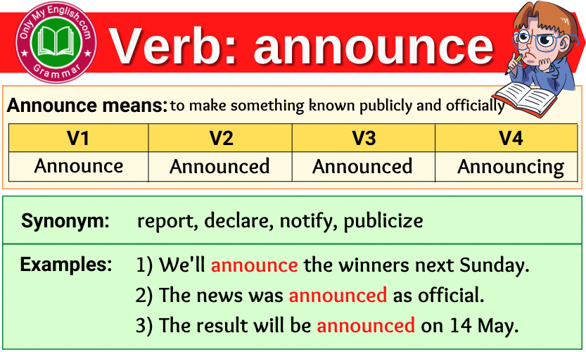 announce verb forms v1 v2 v3 past tense and past participle-min