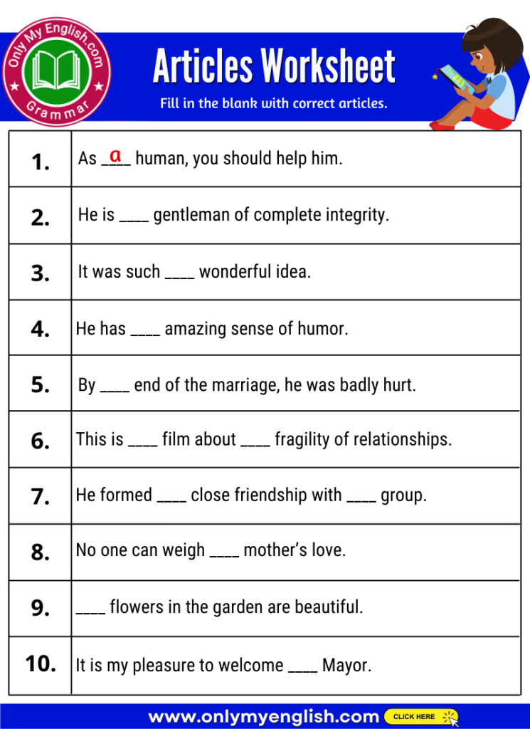 articles worksheet