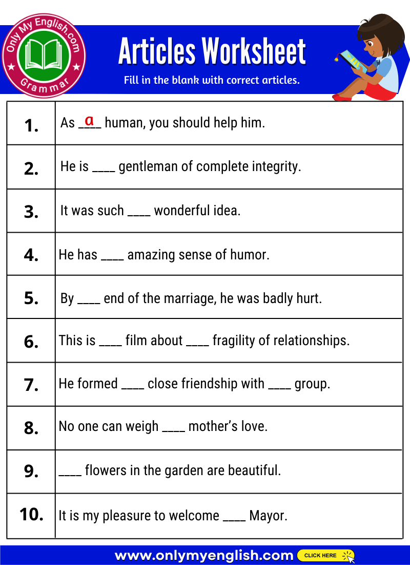 Articles Exercise with Answers » Onlymyenglish.com
