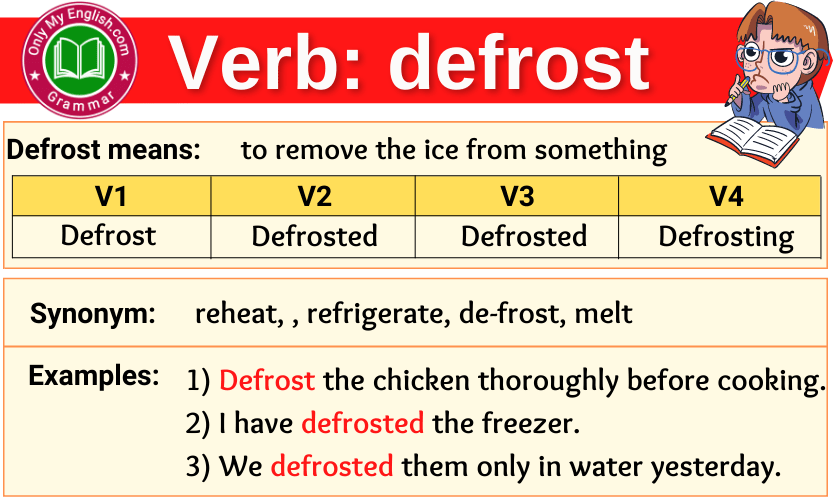 defrost past forms, defrost past participle, defrost past tense, defrost v1 v2 v3, defrost verb form,