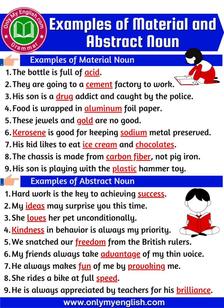 examples of material and abstract noun in sentences