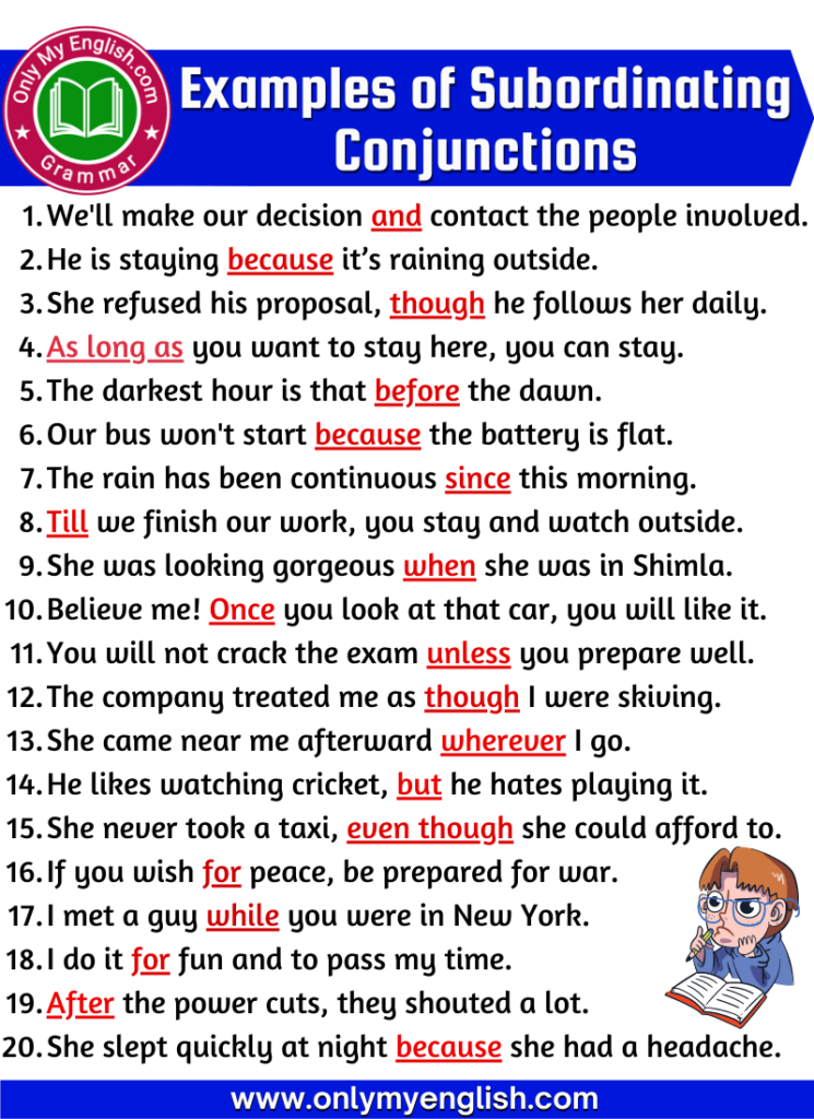 examples of subordinating conjunctions sentences