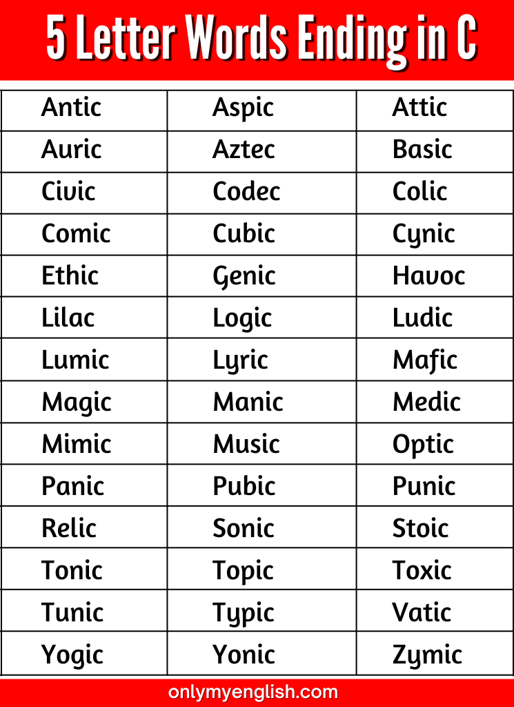 5 Letter Words Ending In C Onlymyenglish