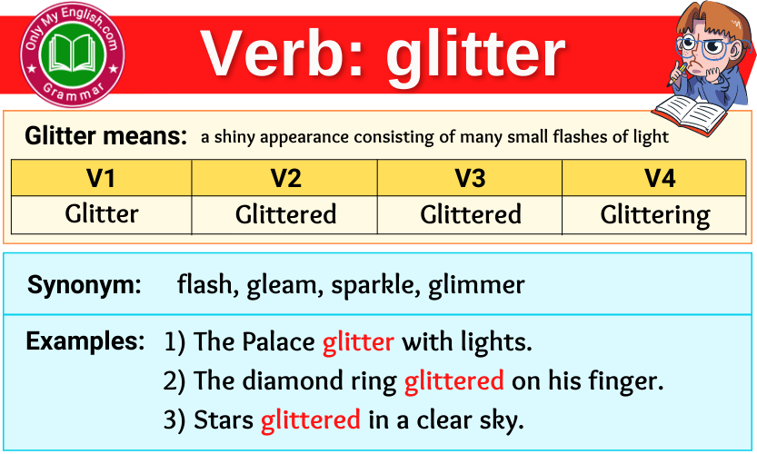 glitter past forms, glitter past participle, glitter past tense, glitter v1 v2 v3, glitter verb form,