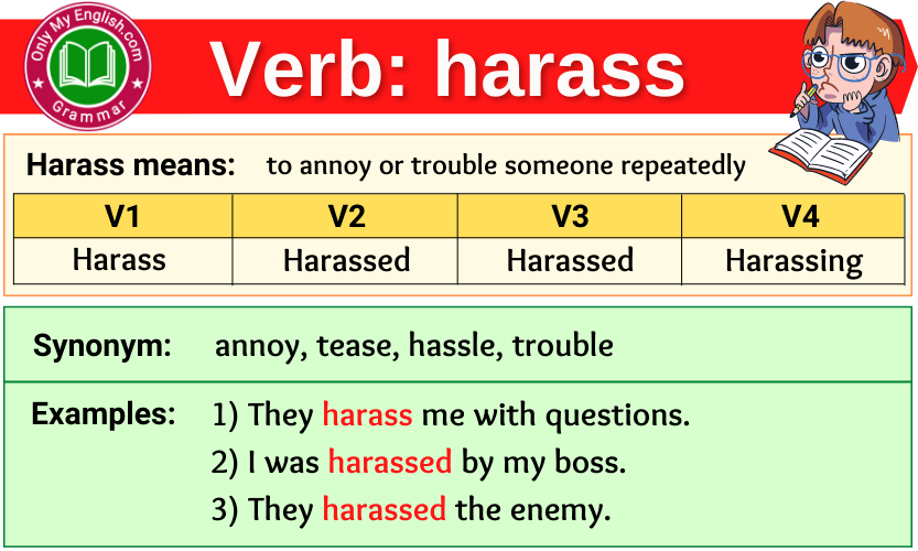 harass verb forms v1 v2 v3 past tense and past participle-min