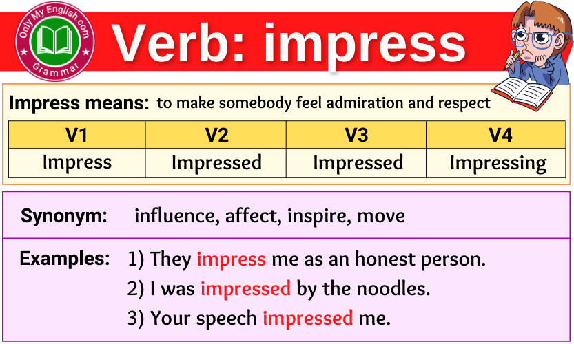impress verb forms v1 v2 v3 past tense and past participle-min