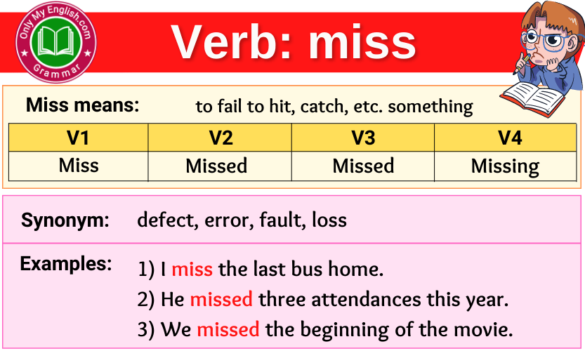 Miss Verb Forms Past Tense Past Participle V1V2V3 Onlymyenglish