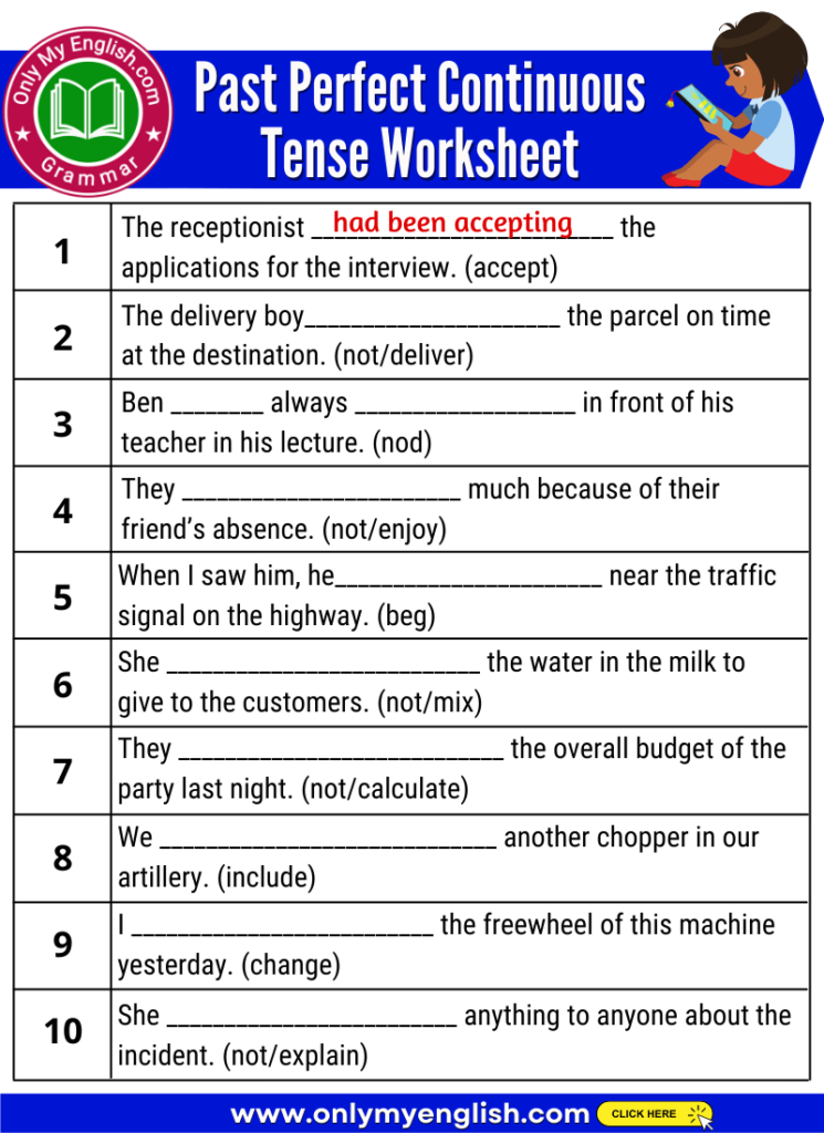 past perfect continuous tense worksheet