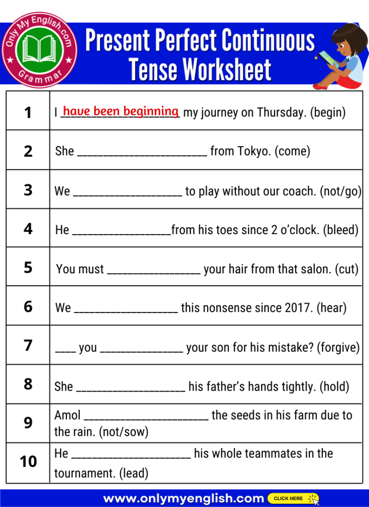present perfect continuous tense worksheet