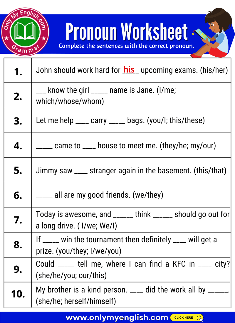 Pronoun Exercises For Class 1