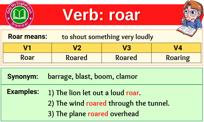 roar verb forms v1 v2 v3 past tense and past participle-min