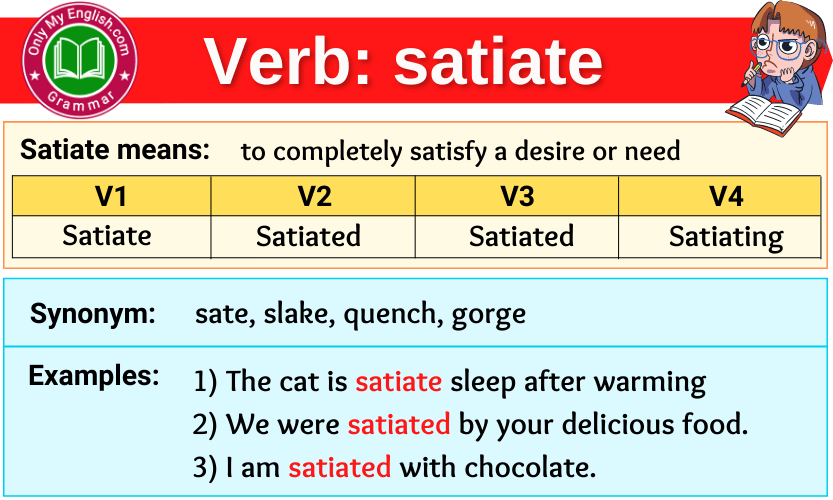 satiate verb forms v1 v2 v3 past tense and past participle-min