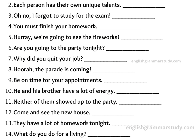 Type of Sentences Worksheet in English