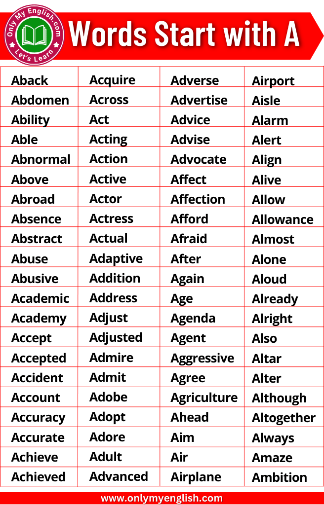 300 Words That Start With A Words Starting With A