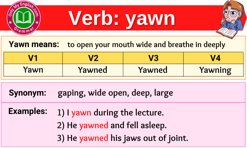 yawn verb forms v1 v2 v3 past tense and past participle-min